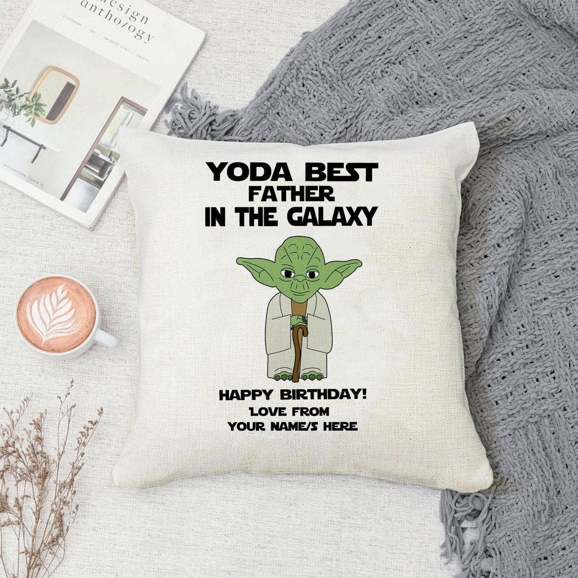 Yoda Best Dad In the Galaxy Birthday Premium Canvas Cushion 40x40cm (Personalised) - SquidPot