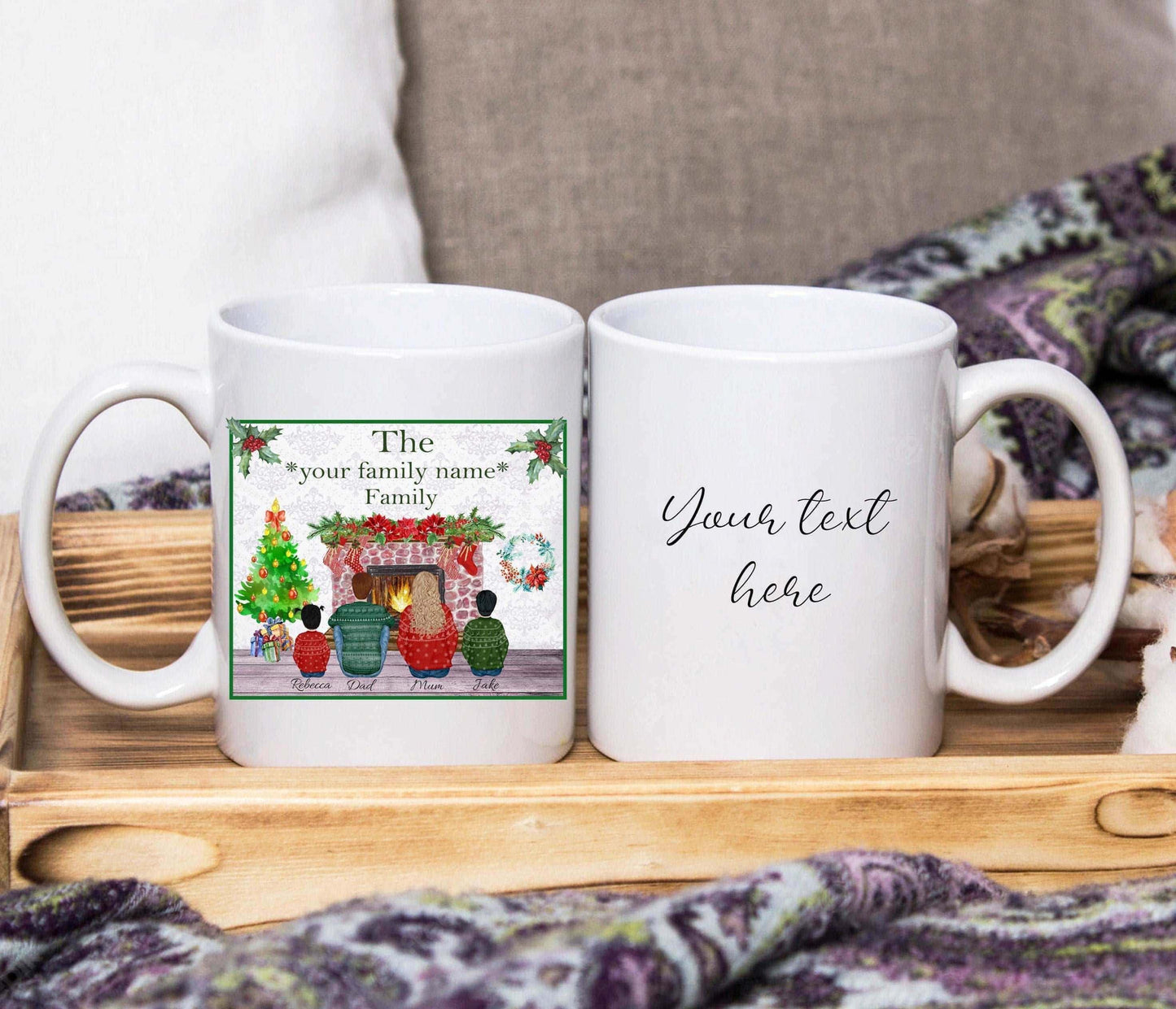 Tasse mit Weihnachtsfamilien-Kamindesign (personalisiert)