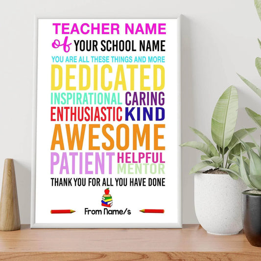 Teacher Print Name/School Name/From Name/s A4 Print (Personalised) - SquidPot